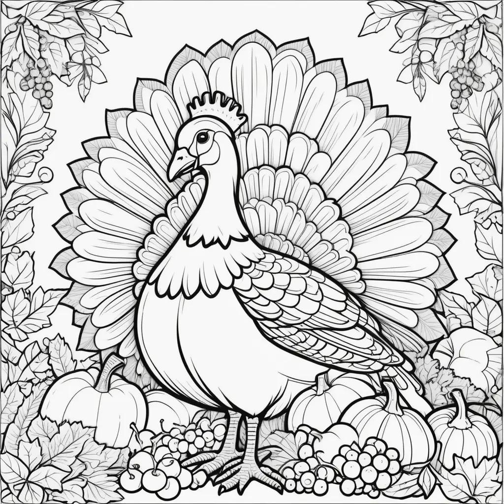 turkey and pumpkins on a leafy background in a free coloring page