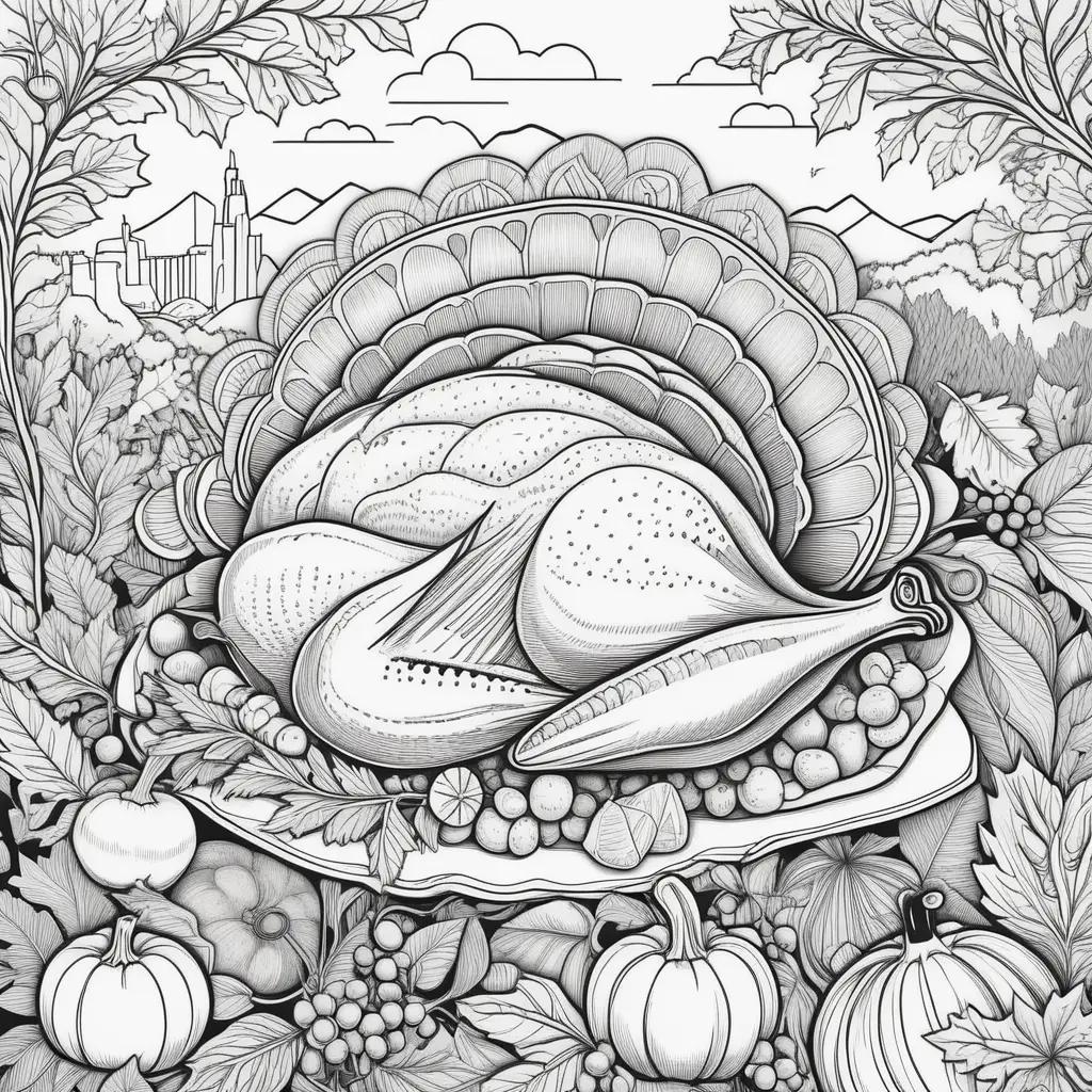 turkey and pumpkins on a table in a black and white coloring page