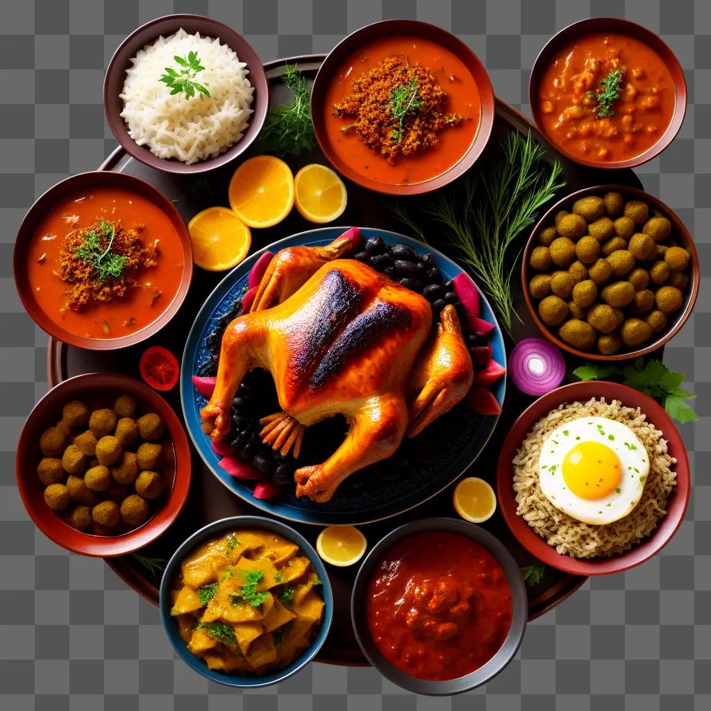 turkey is surrounded by a variety of food dishes