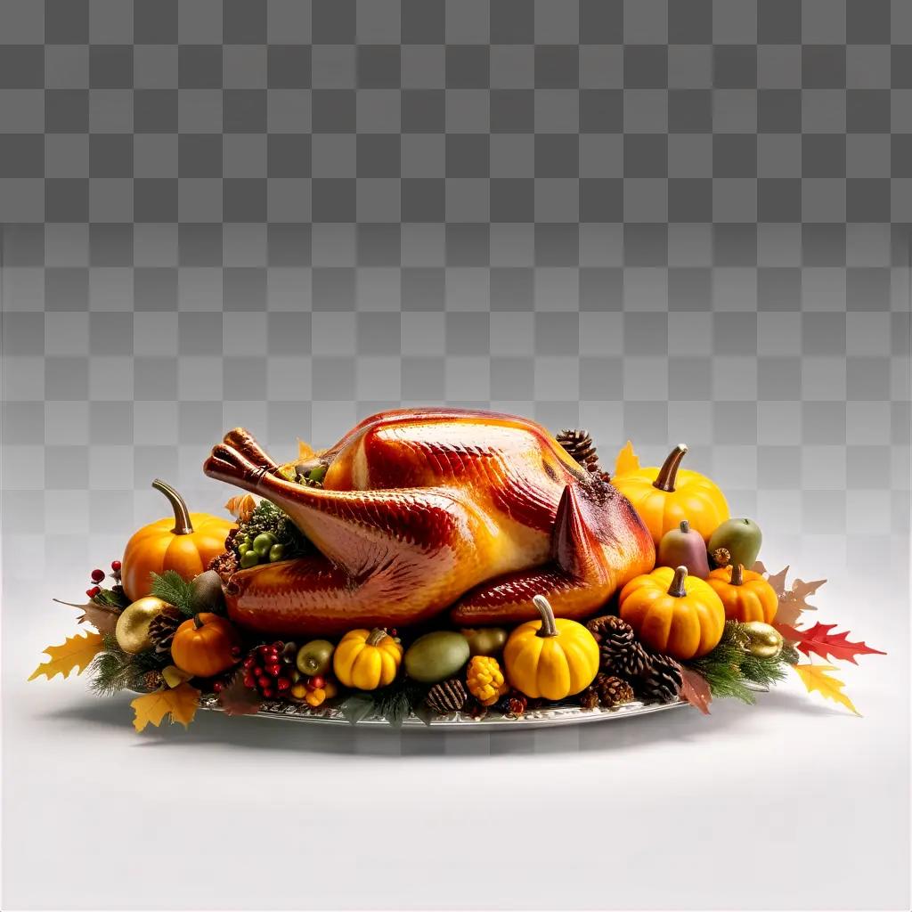 turkey on a plate with fall vegetables and leaves