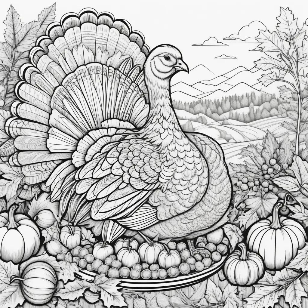 turkey surrounded by pumpkins and berries on a Thanksgiving Day coloring page