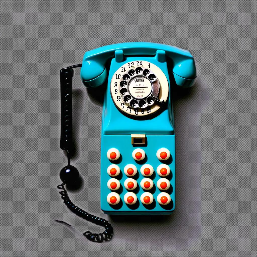 turquoise rotary phone with orange dials and a black cord