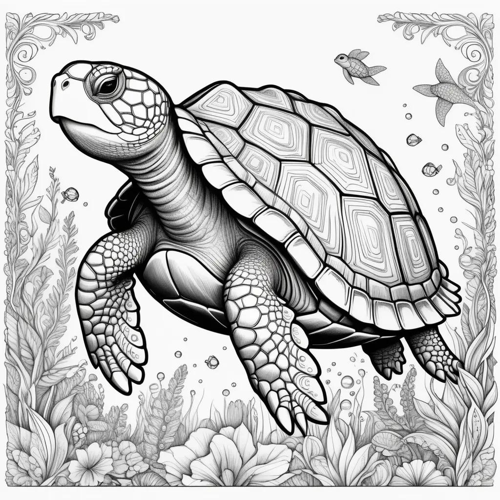 turtle coloring page with a flower and fish