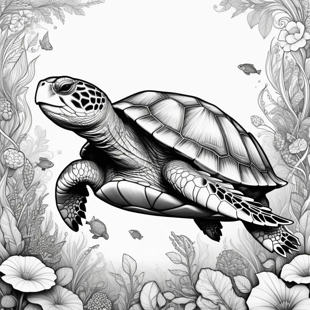 turtle coloring page with sea life and plants