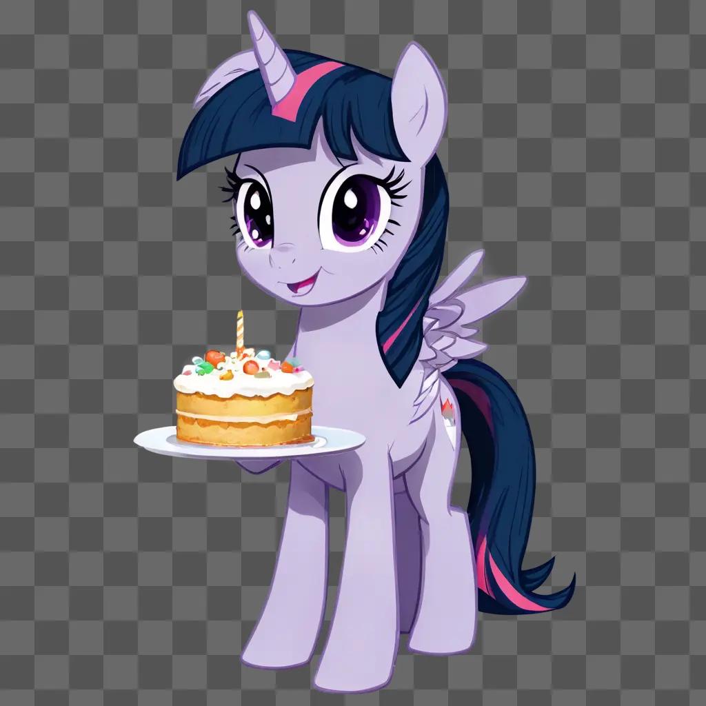 twilight sparkle A cartoon pony holds a cake with a lit candle