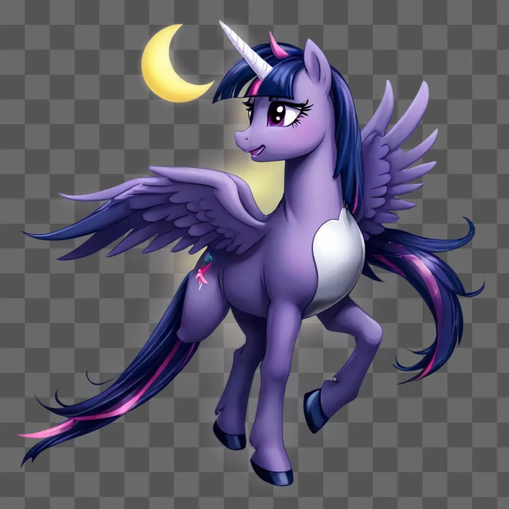 twilight sparkle A purple unicorn with wings and a moon in the background