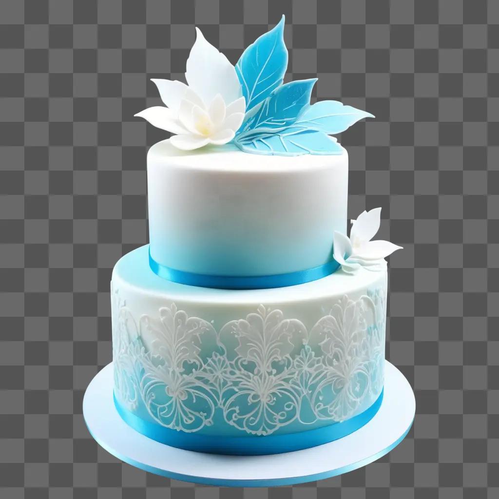 two-tier cake with blue and white flowers and leaves