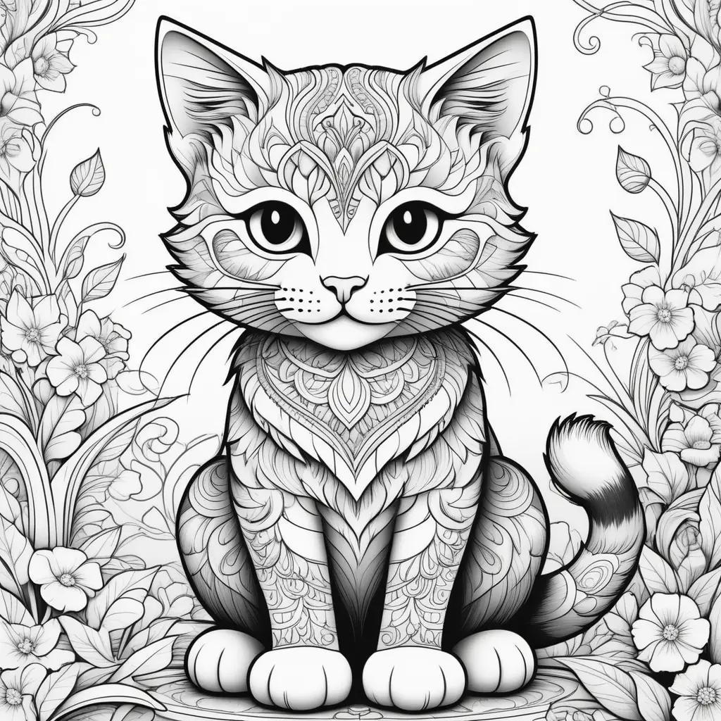 ult Coloring Page: Cute Kitten with Flowery Background