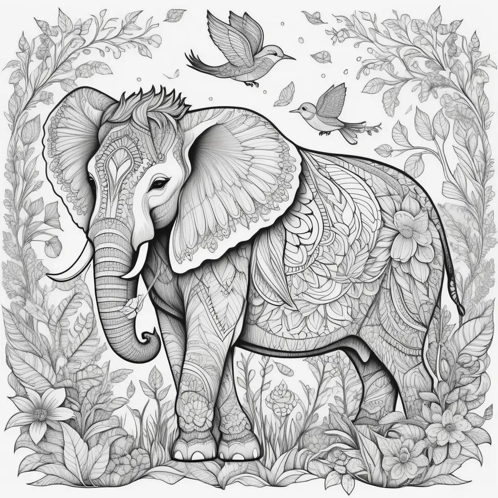 ult Coloring Pages Featuring a Beautiful Elephant and Birds