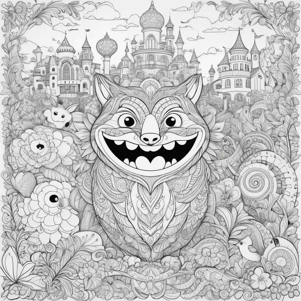 ult coloring page of a funny cat in a whimsical setting