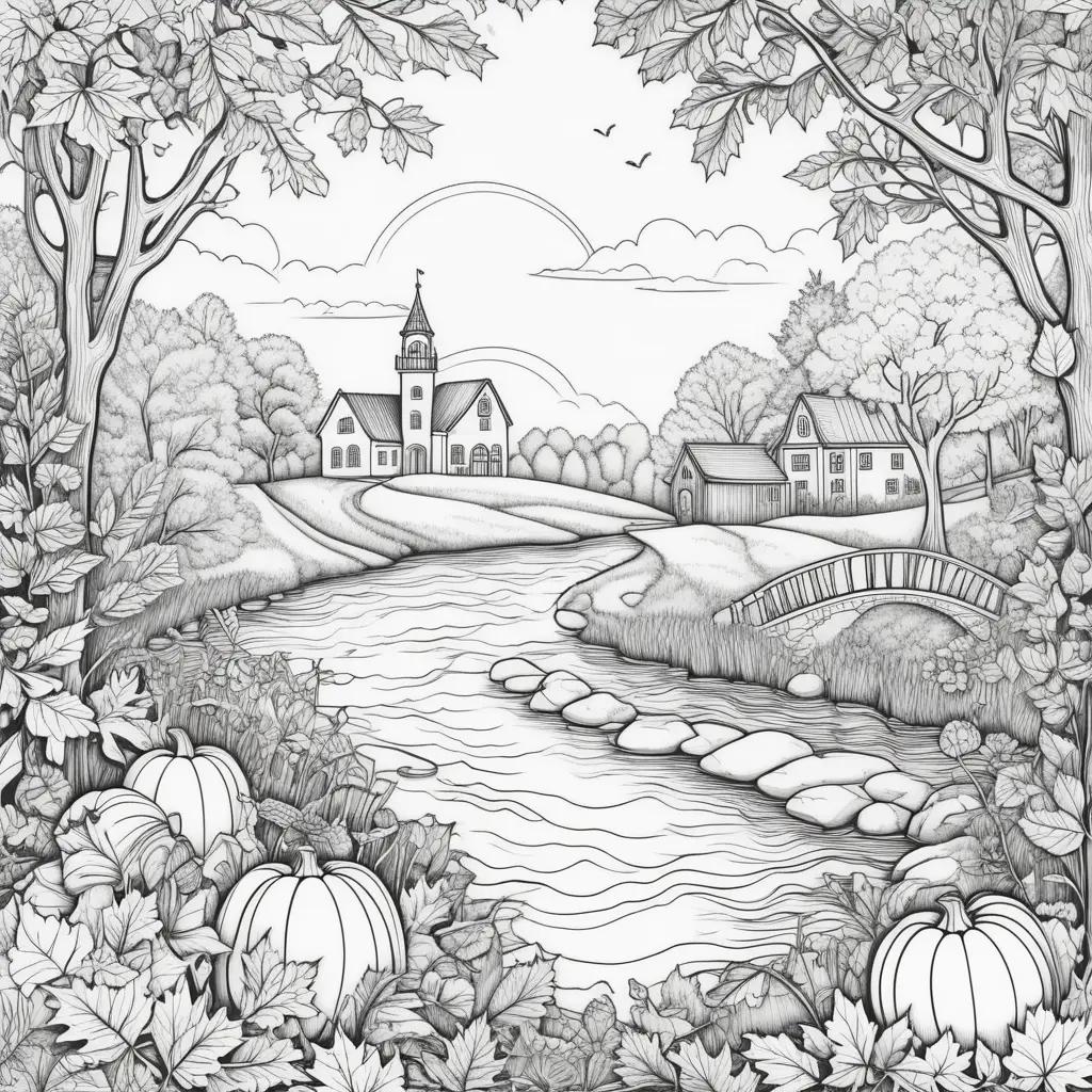 ult coloring pages feature a church, pond, and pumpkin