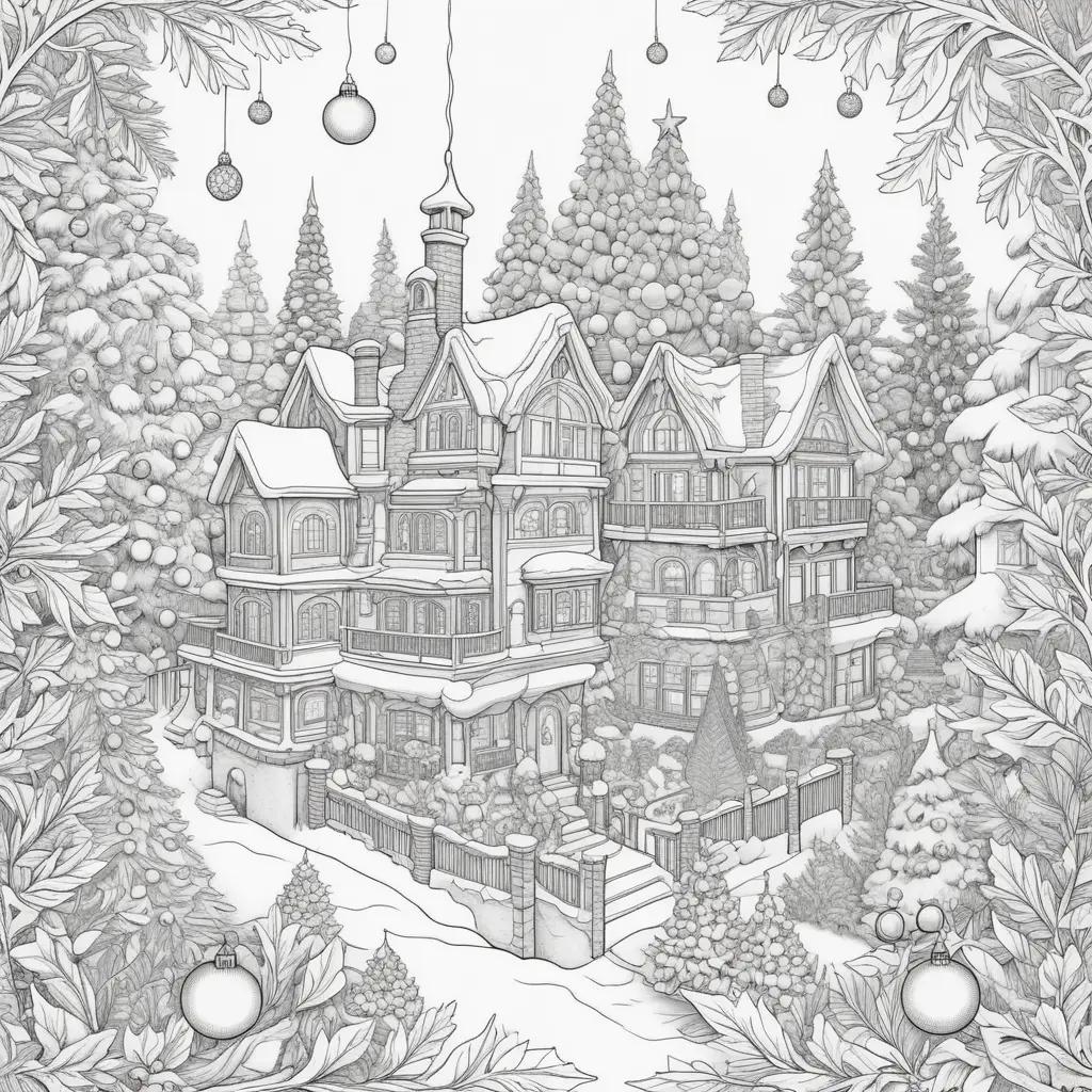 ult coloring pages featuring a festive Christmas tree and house