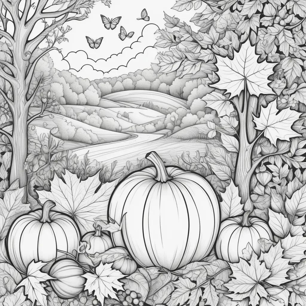 ult coloring pages featuring a pumpkin, leaves, and a tree