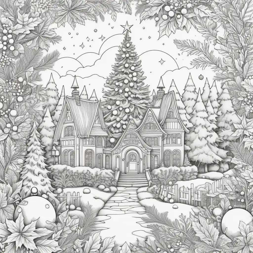 ult coloring pages featuring a tree and a house during the Christmas season