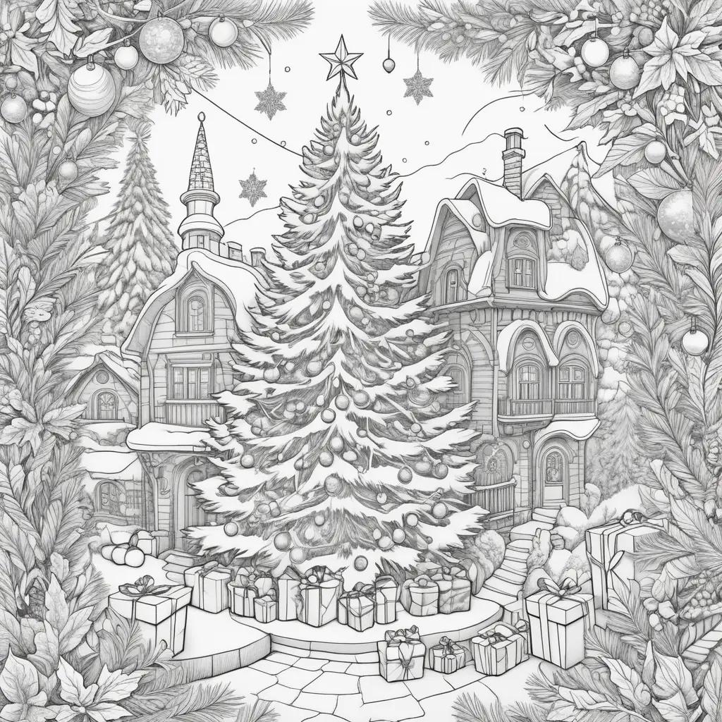 ult coloring pages of a Christmas tree in a village