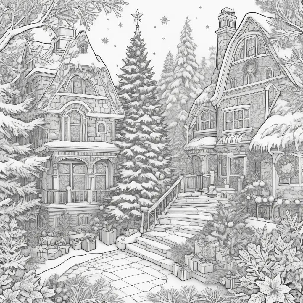 ult coloring pages with a Christmas tree and houses