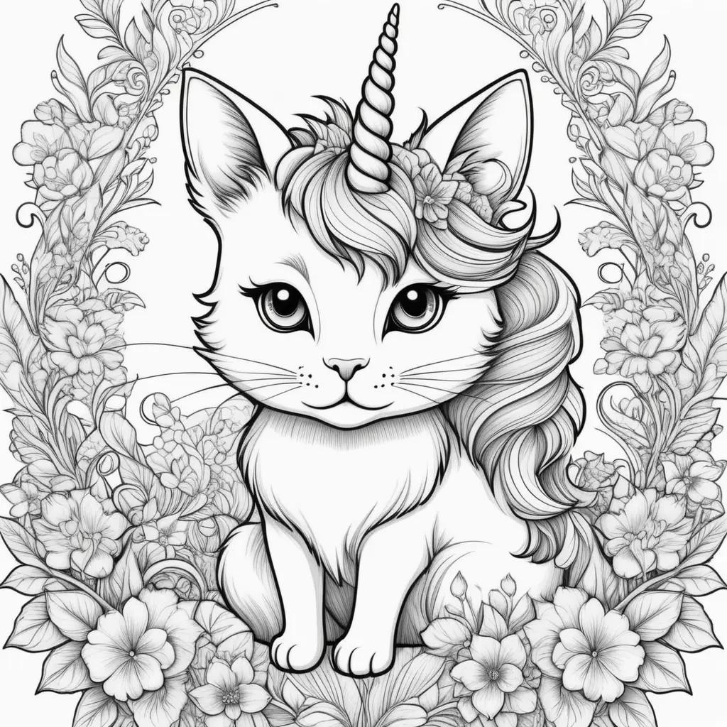 unicorn cat sitting on a flower wreath with black and white coloring pages