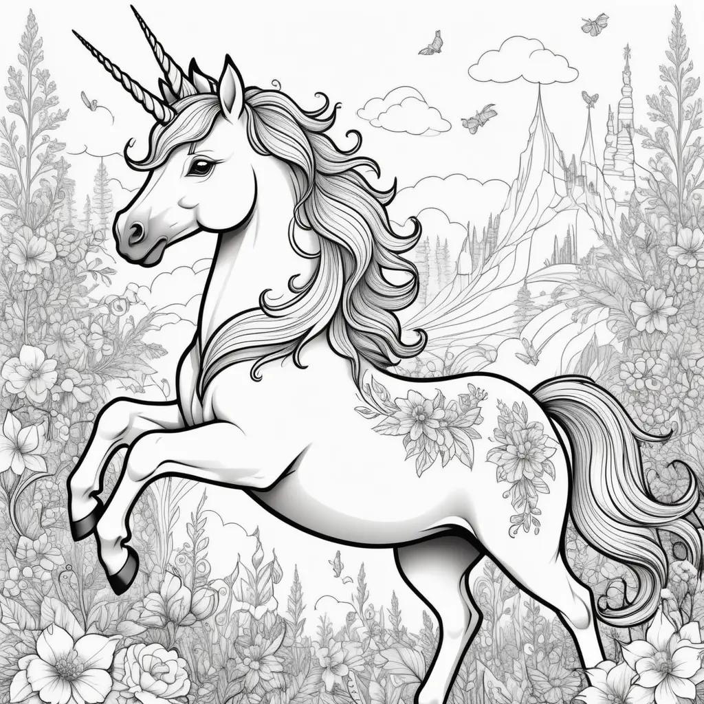 unicorn coloring page with a castle in the background