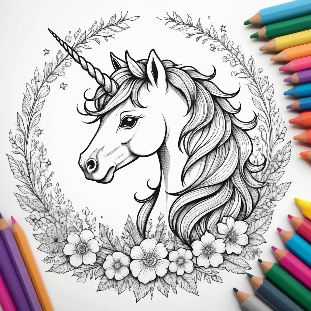 unicorns coloring page with stars and flowers