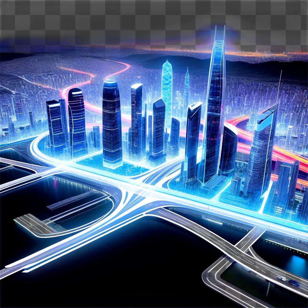 都市部のeSIMは、高層ビルのスカイラインと高速道路を示しています