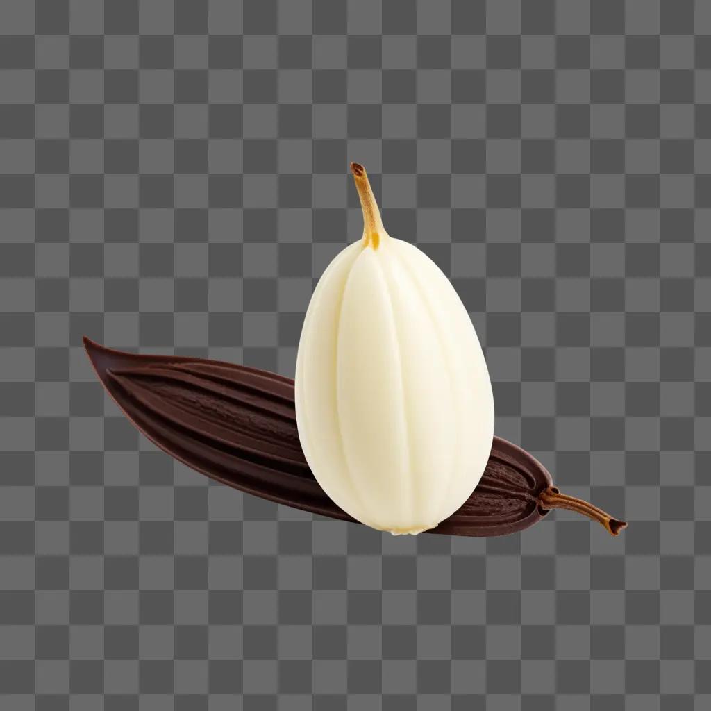 vanilla bean sitting on a leaf on a beige background