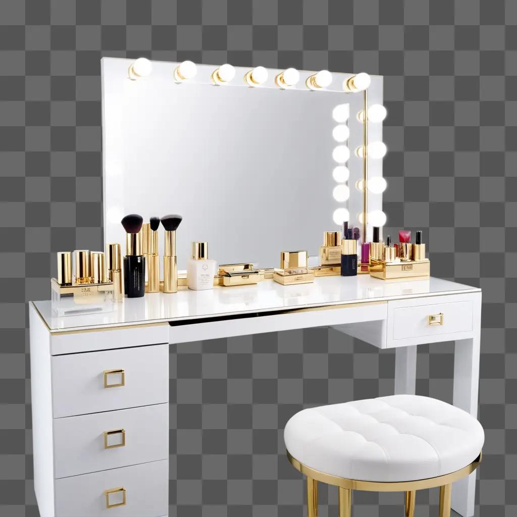 vanity with a lighted mirror and makeup products on it