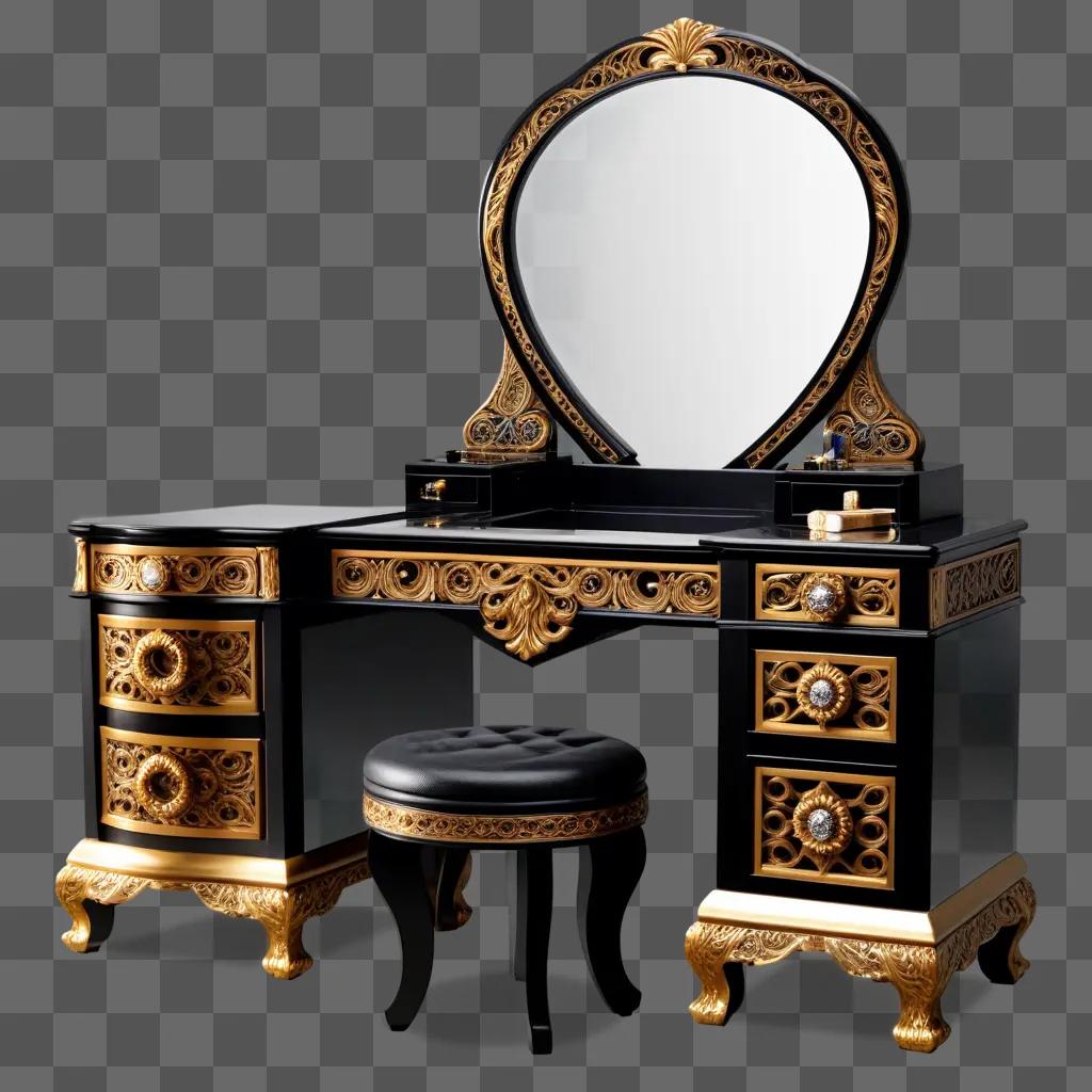 vanity with a mirror and gold accents