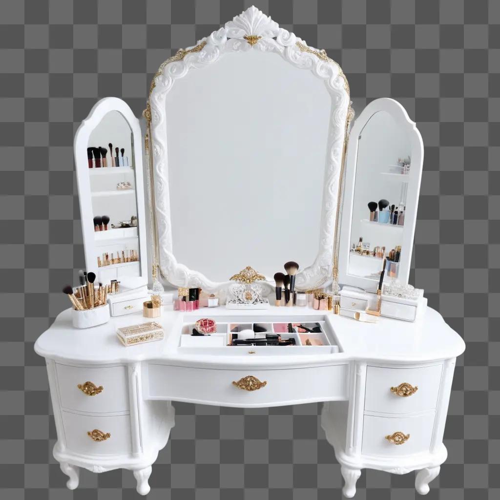 vanity with a mirror and makeup products on it