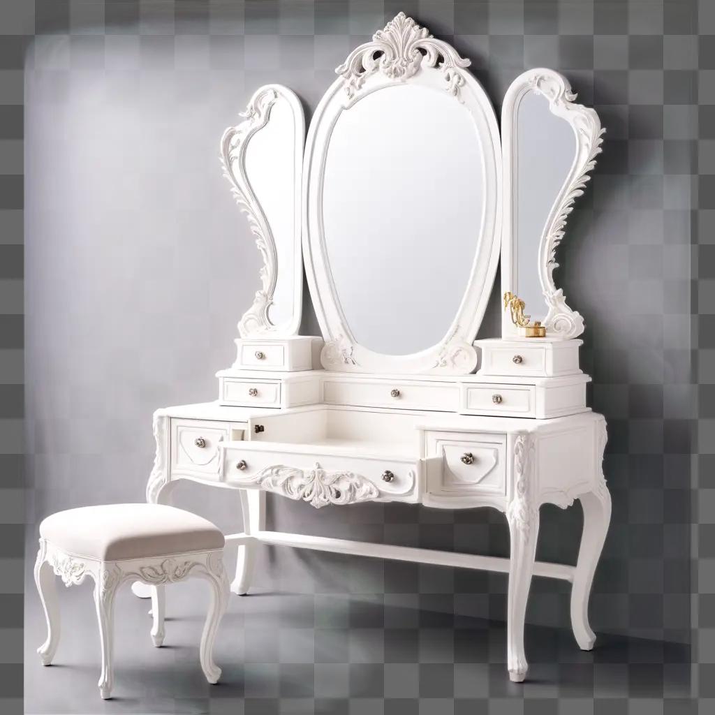 vanity with a stool and a mirror