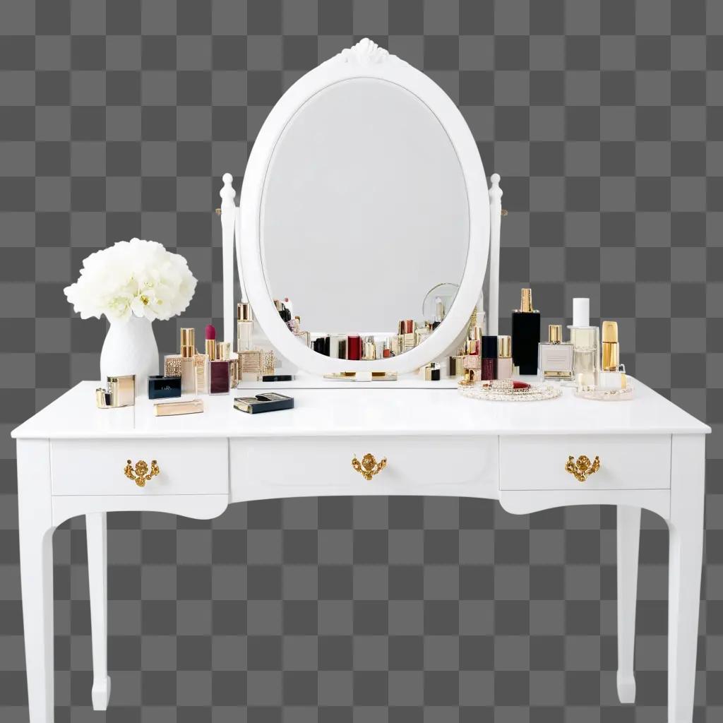 vanity with a white color and many cosmetics