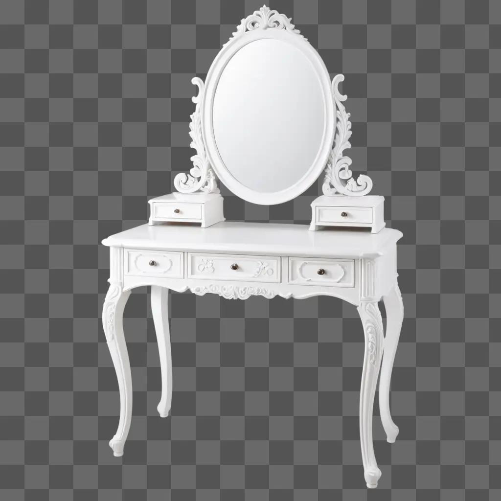 vanity with drawers and a mirror on a white wall