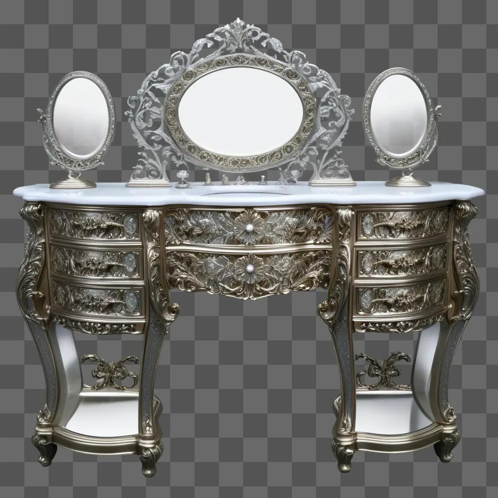 vanity with drawers and mirrors on a white background