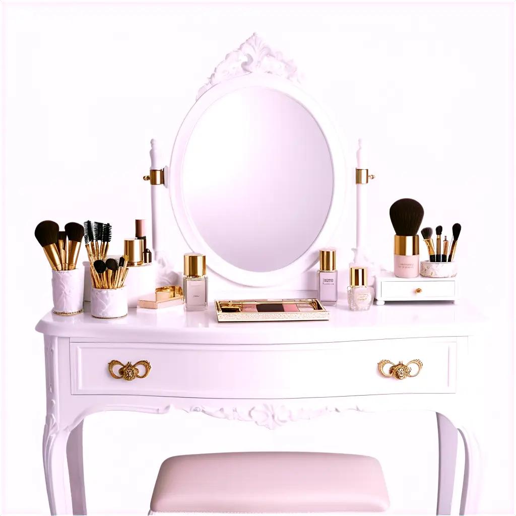 vanity with makeup brushes and bottles