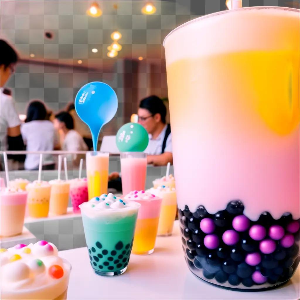 variety of boba drinks with colorful toppings