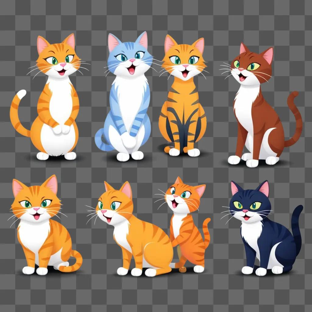 variety of cartoon cats with different colors and expressions