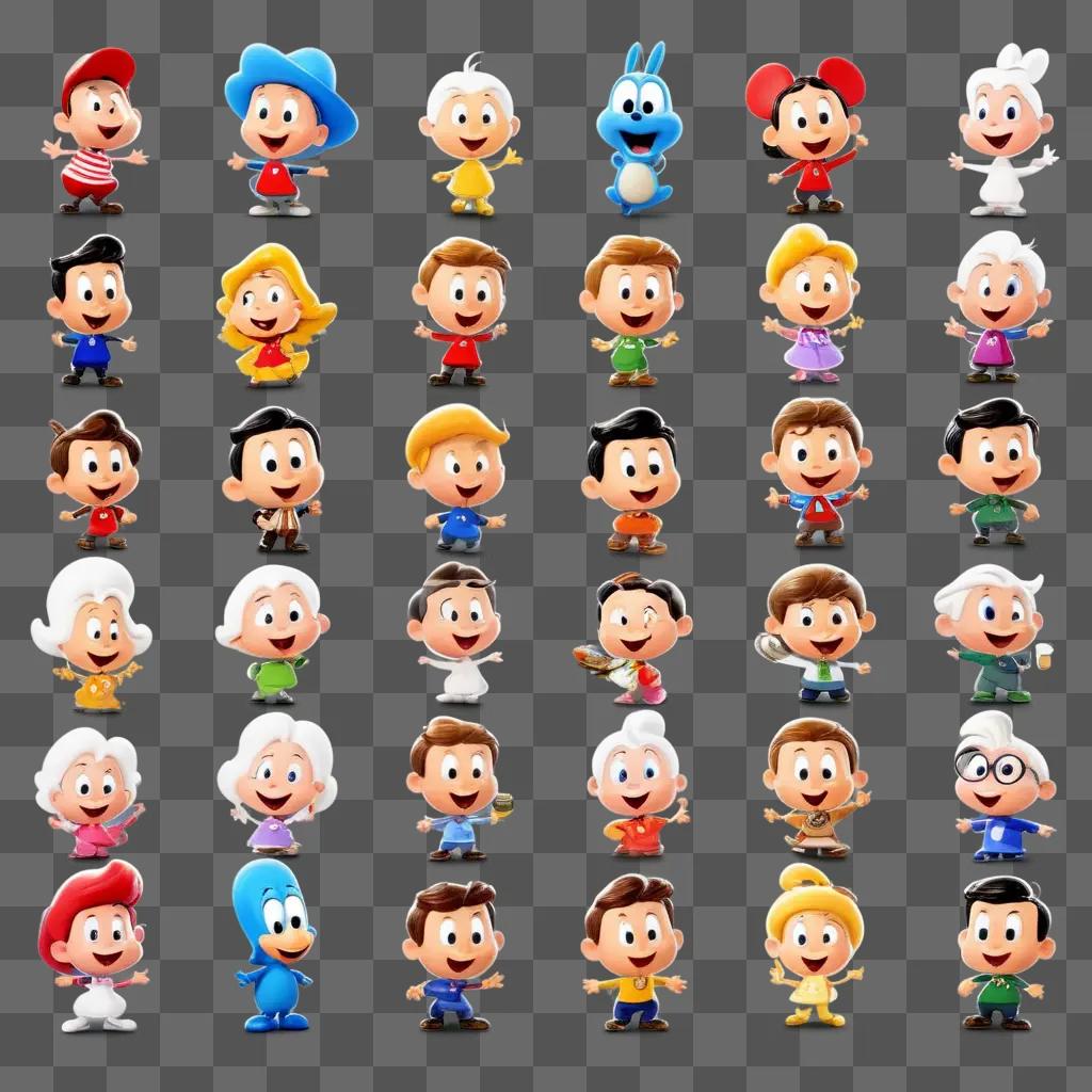 variety of cartoon characters on a beige background