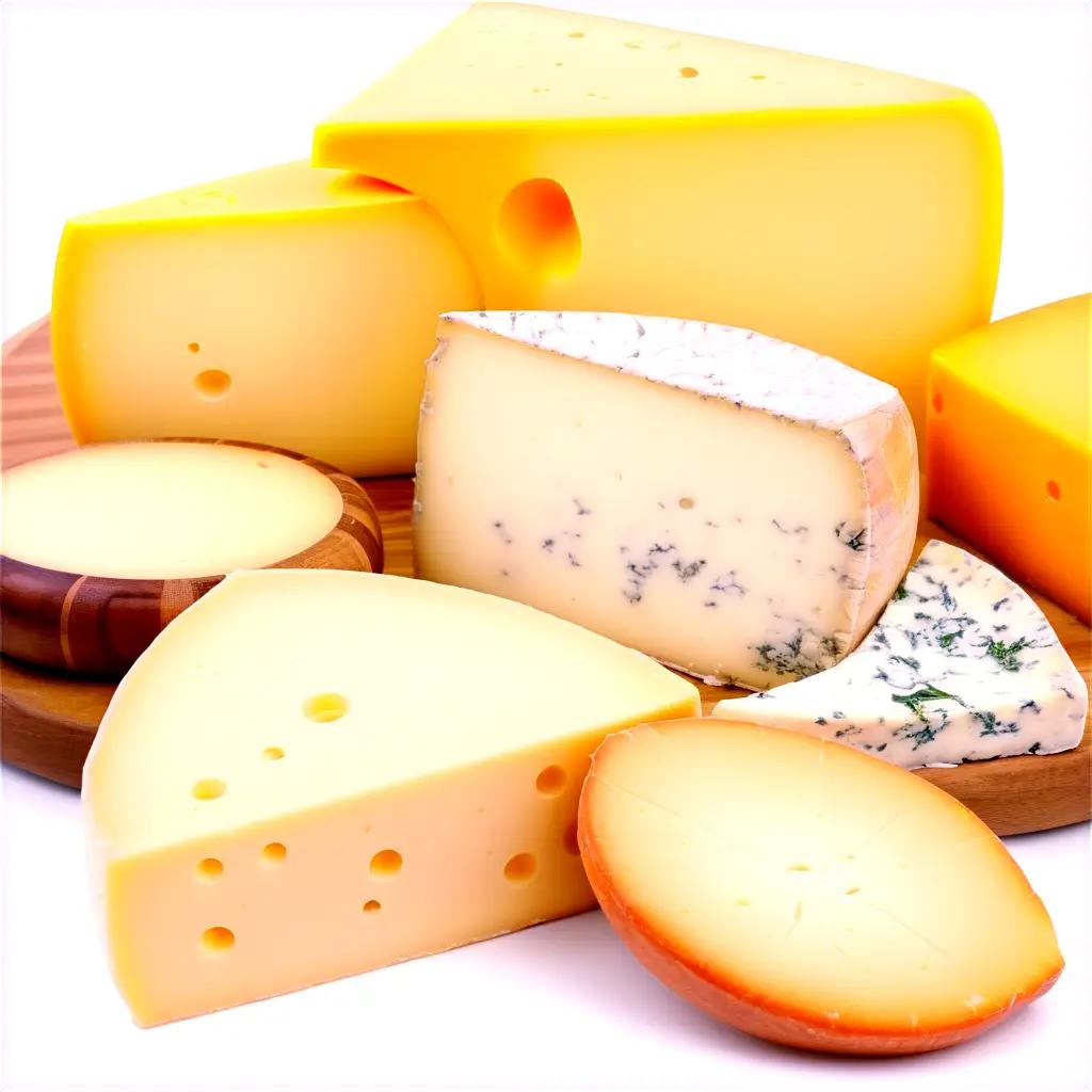 variety of cheeses laid out on a wooden board