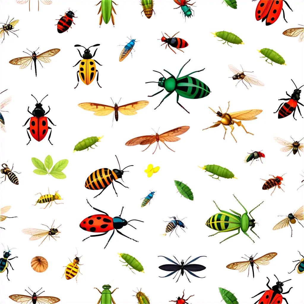 variety of colorful bugs and insects on a white background