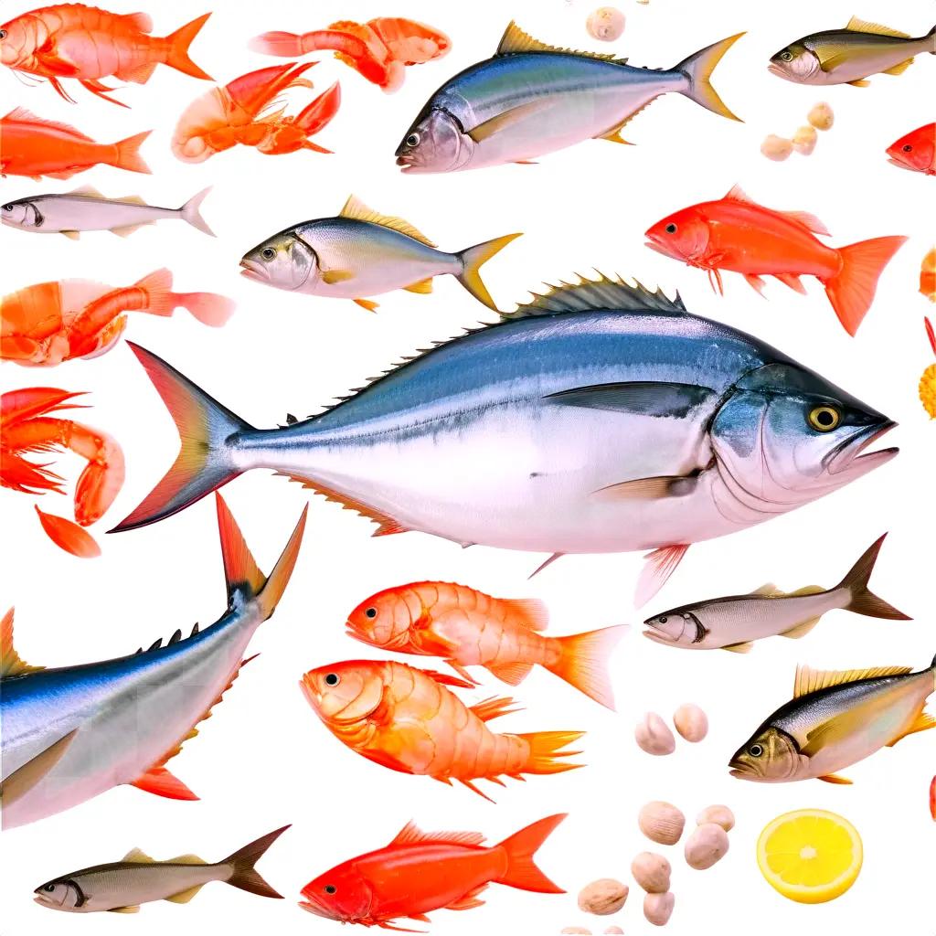 variety of fish and shellfish in a white background