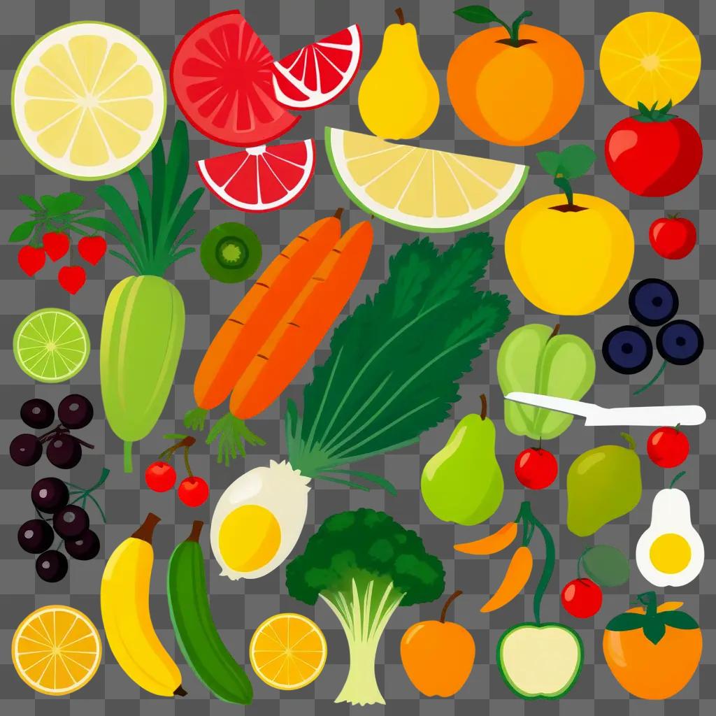 variety of healthy food items in a vibrant clipart image