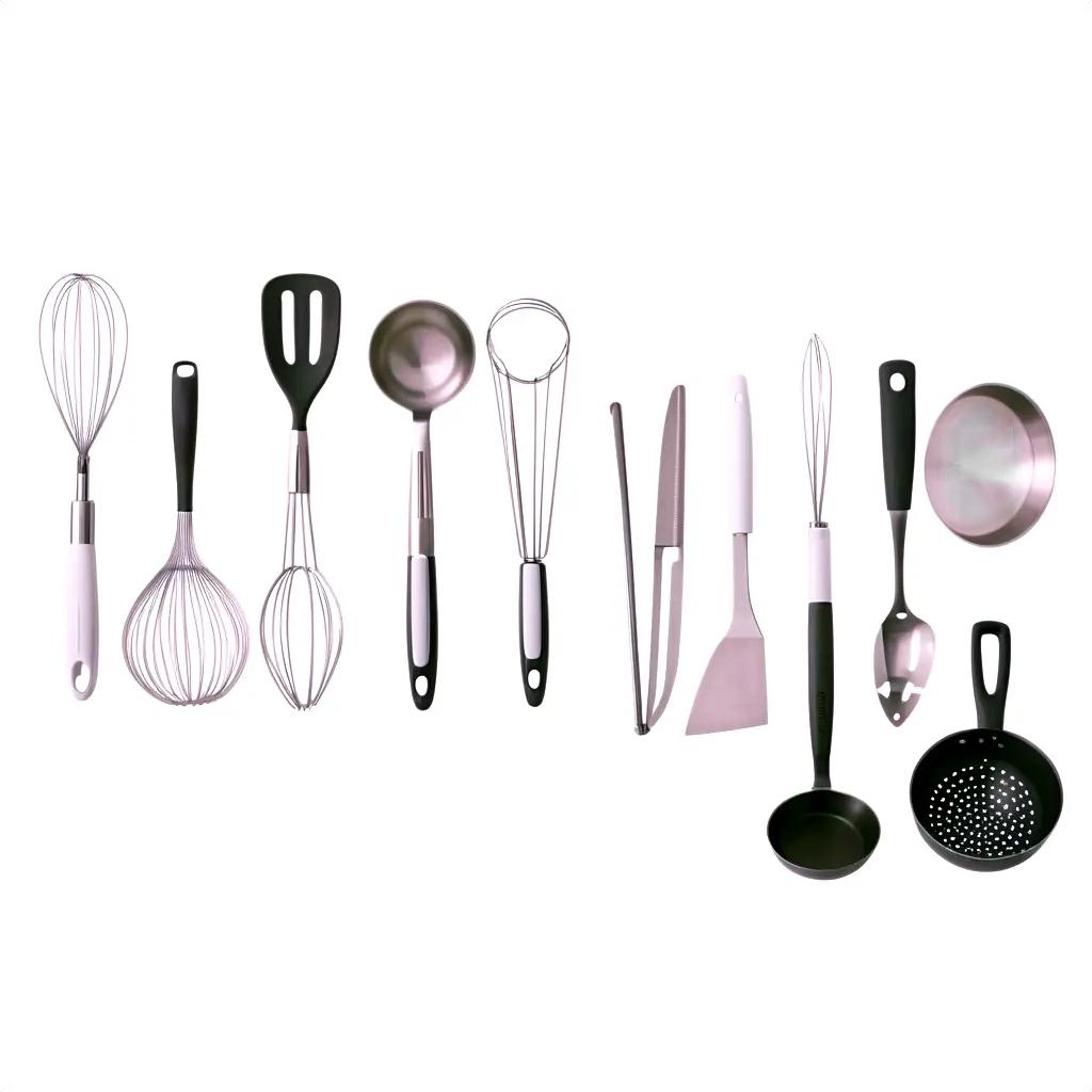 variety of kitchen utensils in a row