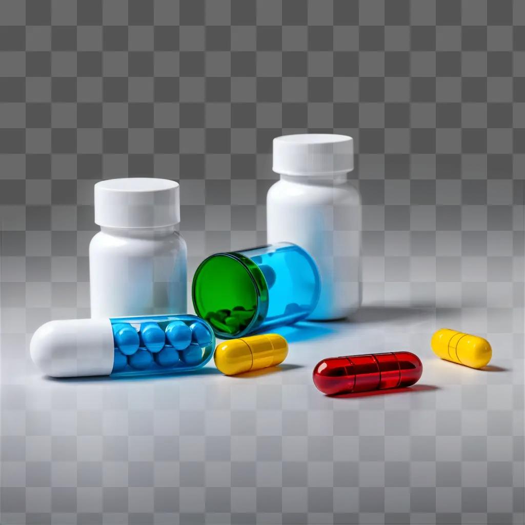 variety of pill bottles and capsules on a white background