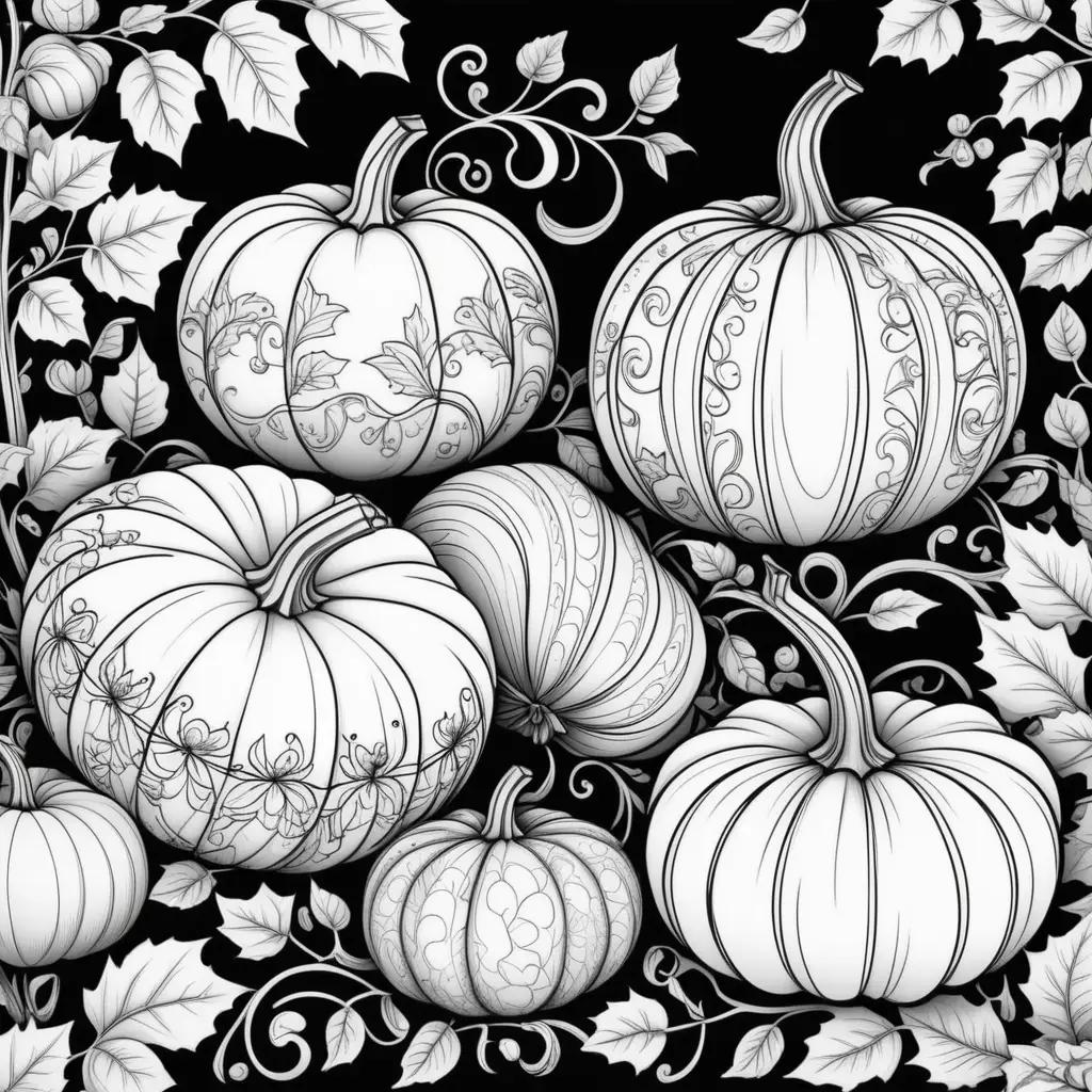 variety of pumpkins and leaves on black coloring pages