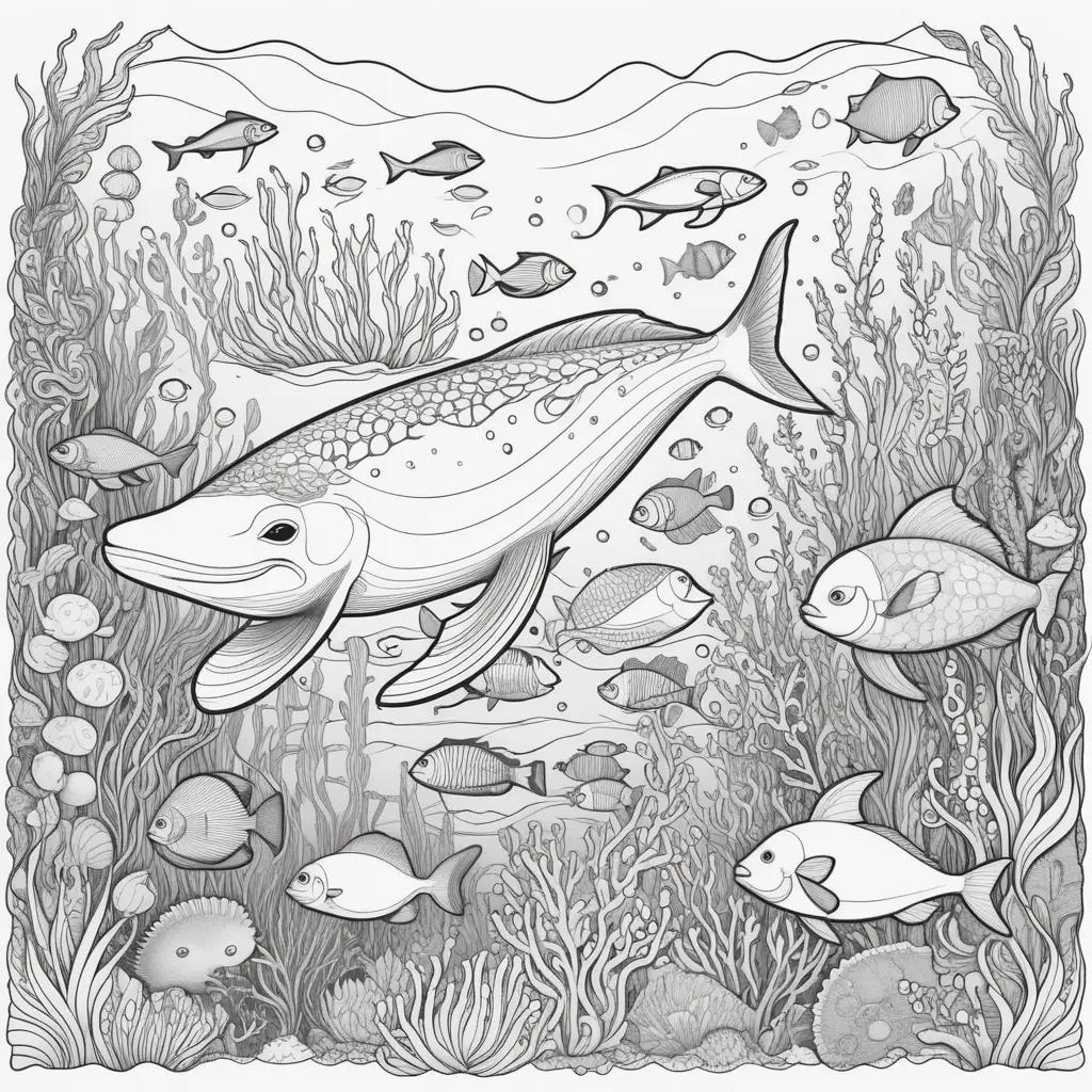 variety of sea animals in a black and white coloring page