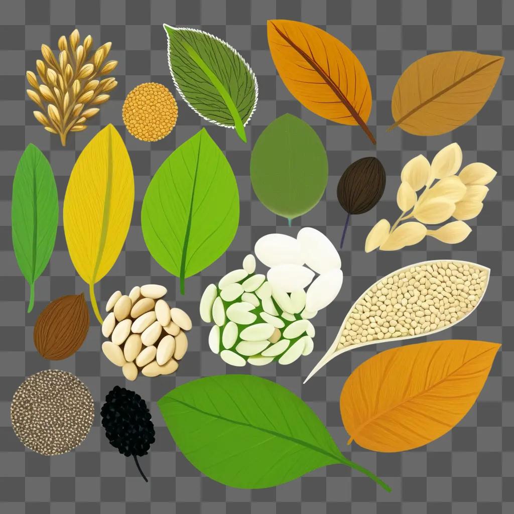 variety of seeds and leaves on a background