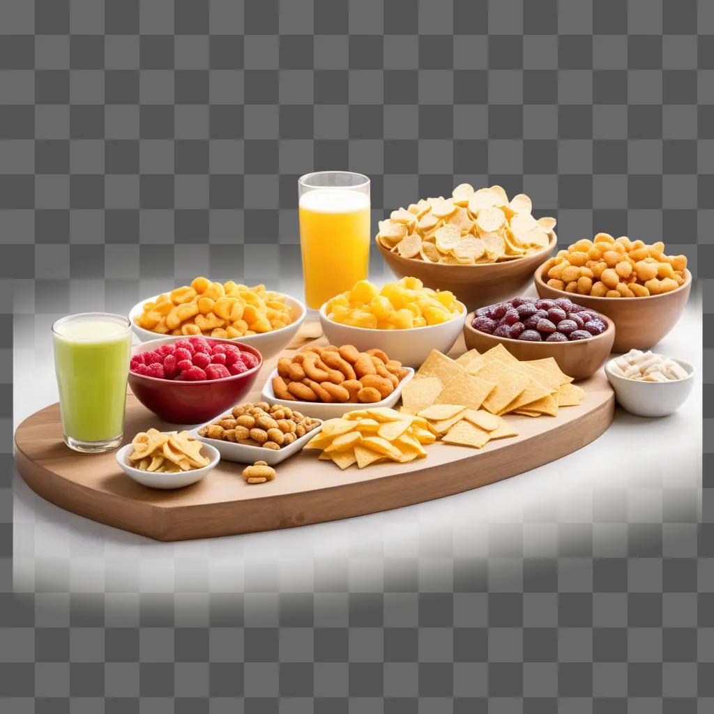 variety of snacks are displayed on a wooden tray