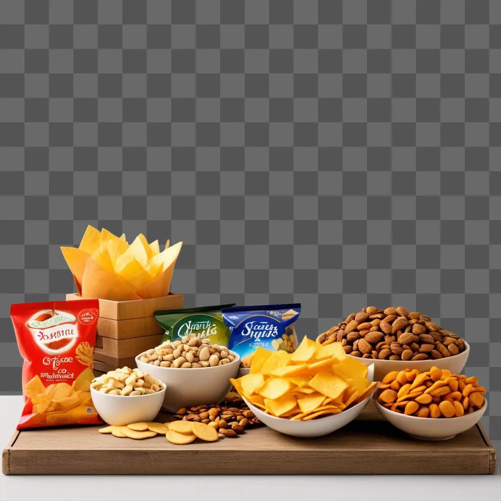 variety of snacks displayed on a wooden tray