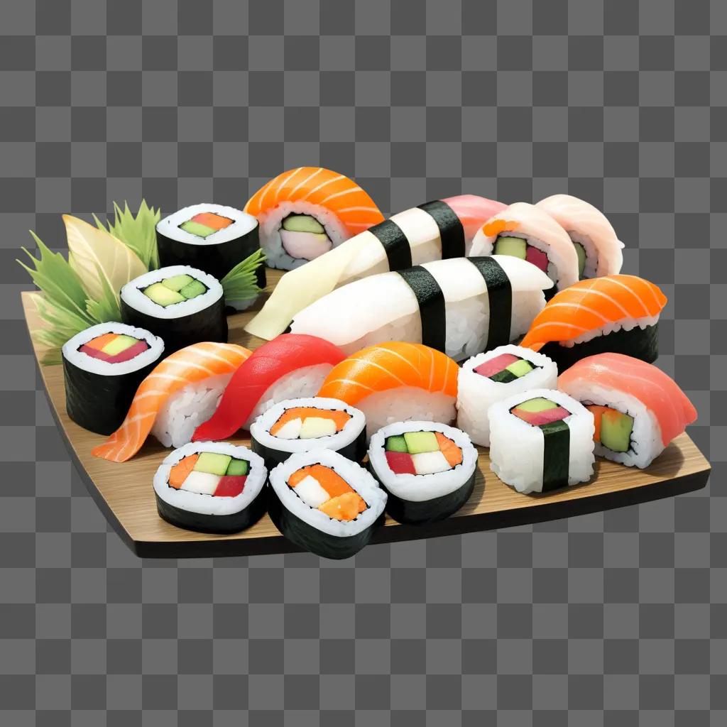 variety of sushi, including rolls and nigiri, displayed on a wooden tray