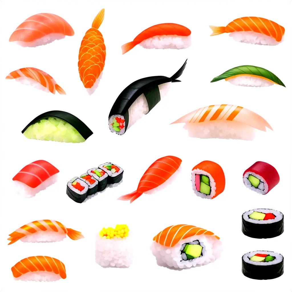 variety of sushi items are arranged in a grid