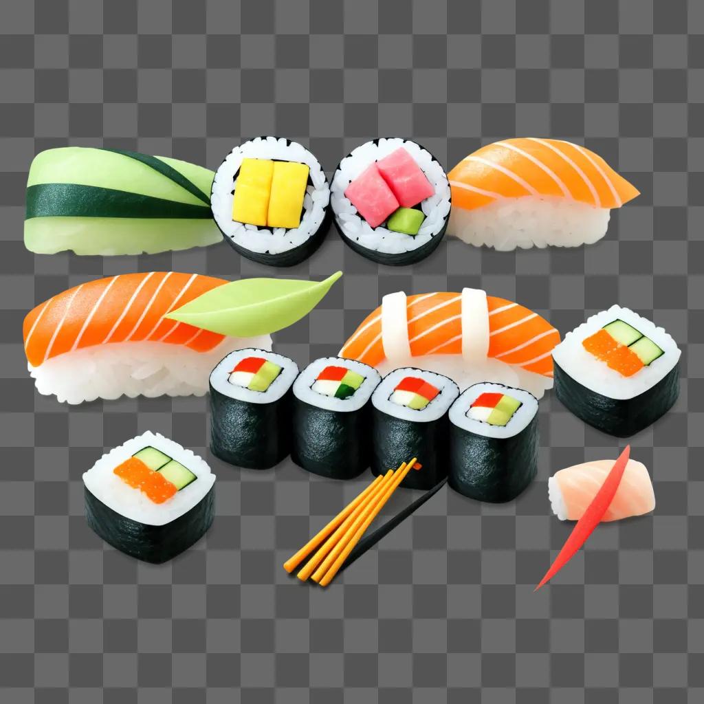 variety of sushi items drawn for kids to learn